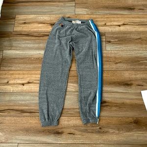 grey aviator nation sweatpants with blue stripes
